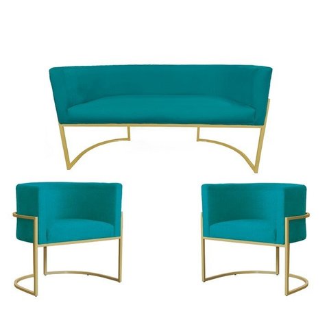 Kit Namoradeira + 2 Poltronas Decorativa Luana Suede Azul Tiffany Base Dourarada Ms Decor