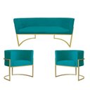 Ver imagem 1 de Kit Namoradeira + 2 Poltronas Decorativa Luana Suede Azul Tiffany Base Dourarada Ms Decor