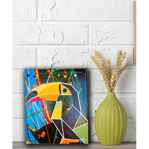 Quadro Figurativo Decorativo em Acrílico Pintado a Mão de Tucano Estilizado em Formas Geométricas