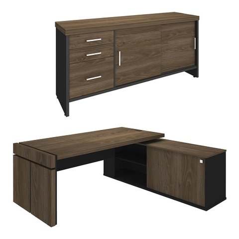 Mesa Escritório em L e Balcão 2 Portas 3 Gavetas Corp A06 Charuto/preto - Mpozenato