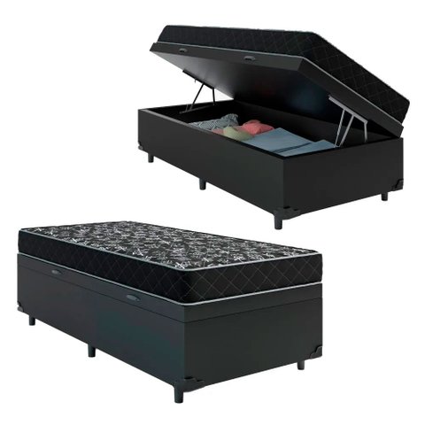 Cama Box Baú Solteiro 88 Sintético Preto com Colchão de Espuma D20 - Tampo Preto 12cm