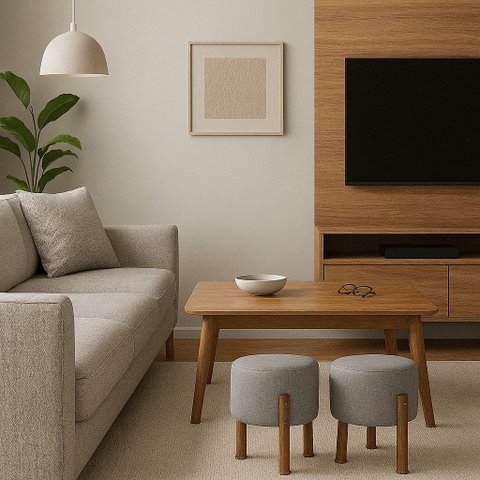 Kit 2 Puff Banquinho Redondo Decorativo Thor em Linho Pés Polietileno Cor Cinza