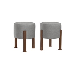 Kit 2 Puff Banquinho Redondo Decorativo Thor em Linho Pés Polietileno Cor Cinza