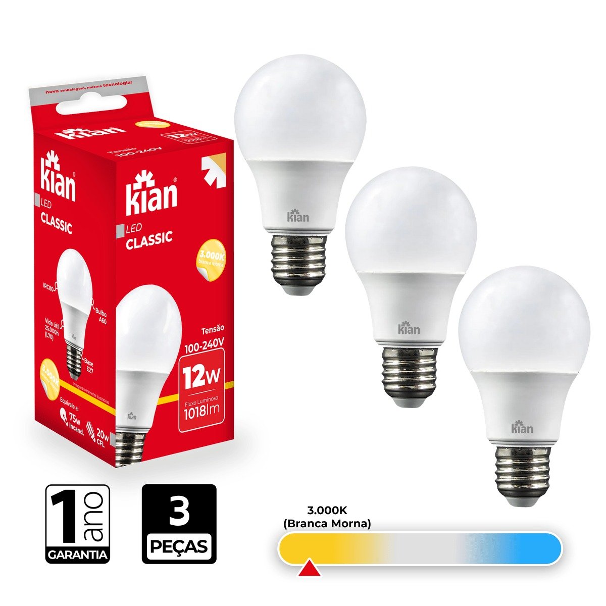 Lâmpada Led Bulbo Kian 12w 3000k Branca Morna 3 Peças - 2