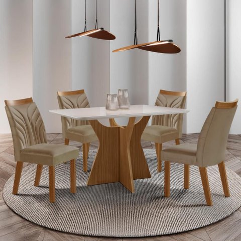 Conjunto Mesa de Jantar com Vidro e 4 Cadeiras 120cm Multimóveis Crljm-CON027 Madeirado/Bege