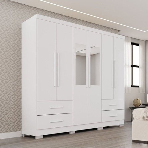 Guarda-Roupa Casal com Pés e Espelho 6 Portas 4 Gavetas Texas Premium Branco