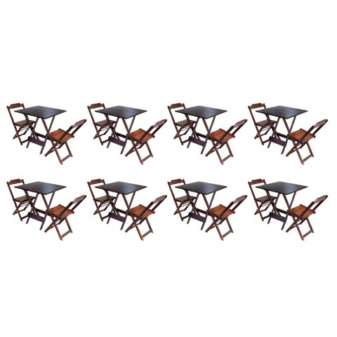 Kit 8 Conjuntos de Mesa Dobrável com 2 Cadeiras de Madeira 70x70 Ideal para Bar e Restaurante - Imbu