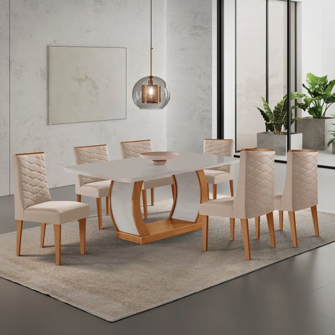 Conjunto de Mesa de Jantar Kate 180 Tp MDF Canto Copo 6 Cadeiras Estela