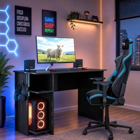 Mesa Gamer Retangular Nitro Moderno MDP 114cm Preto Loja Sheep