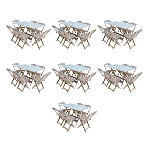 Kit 7 Jogos de Mesa Dobravel com 6 Cadeiras de Madeira 120x70 para Restaurante e Bar - sem Pintura