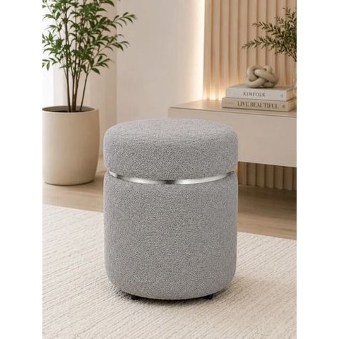 Puff com Cinta Superior Prata, Cor Cinza Boucle - Let Móveis
