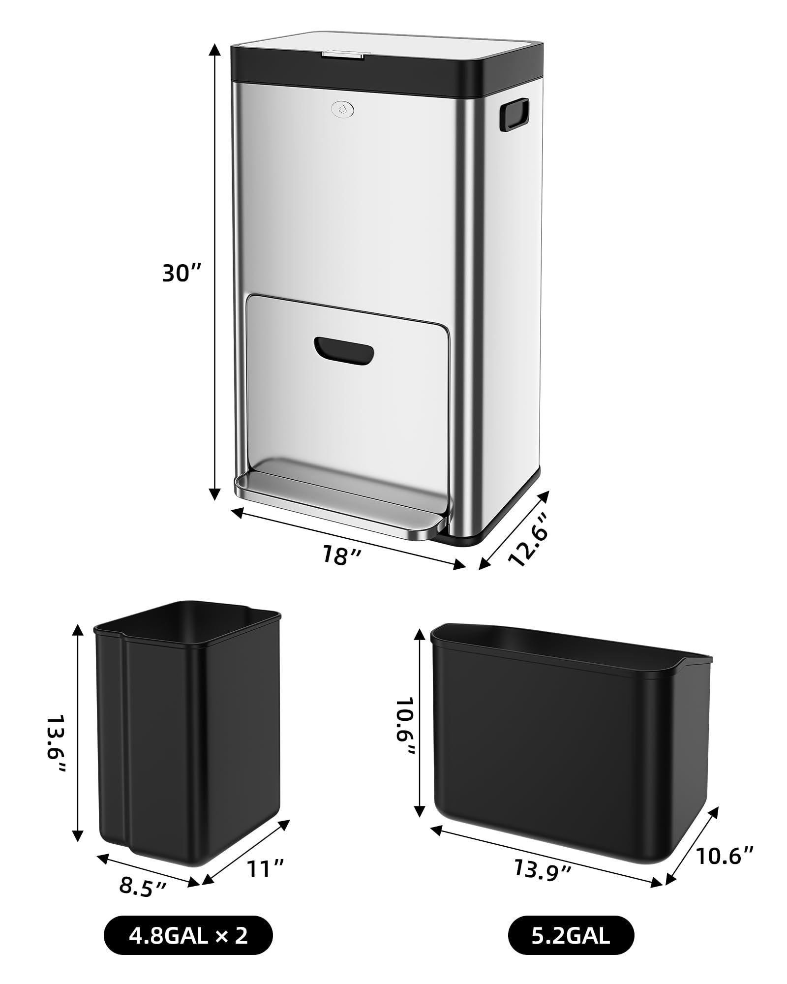 Takywep Lixeira Vertical Inox 53l com 2 Compartimentos Silenciosa - 5