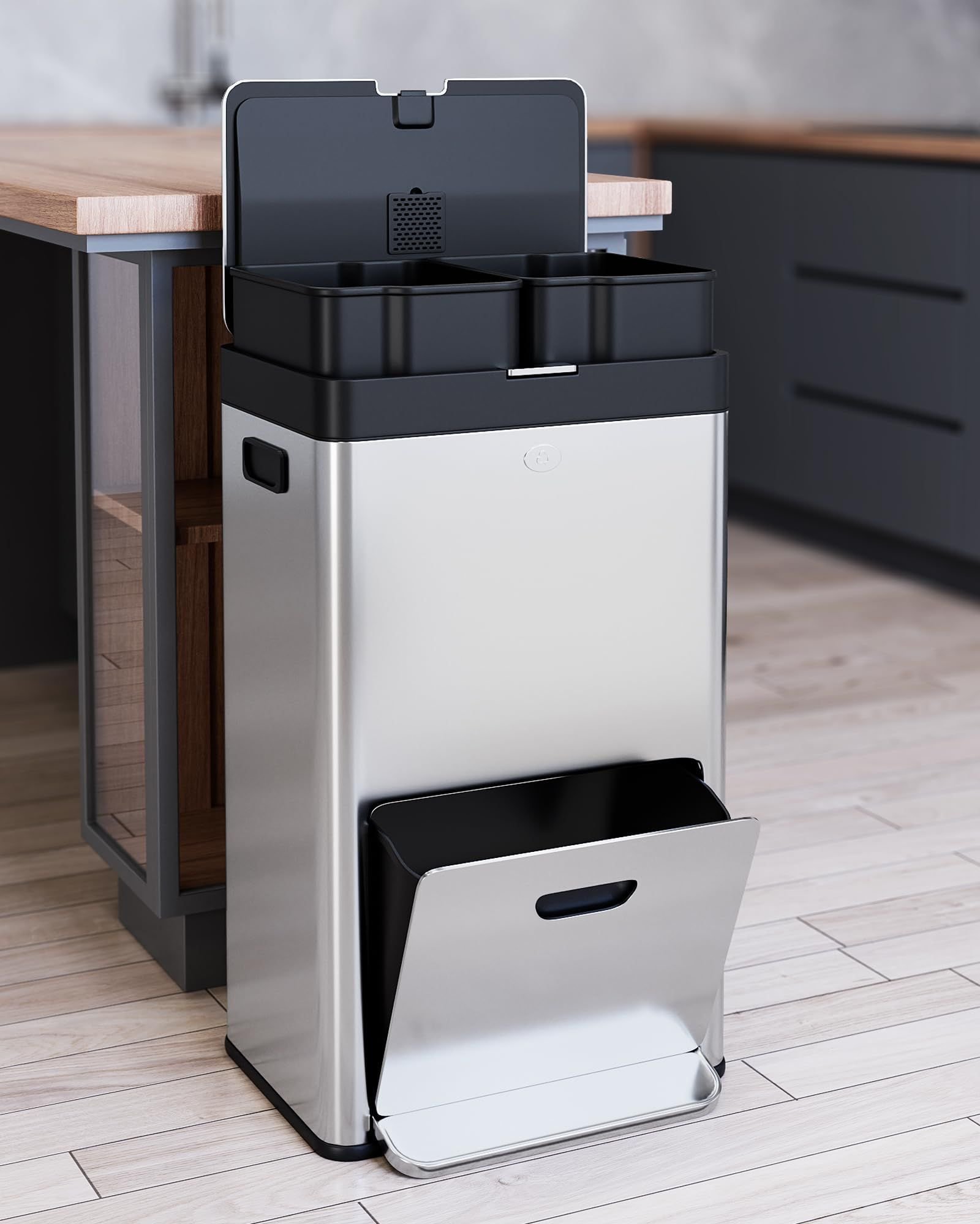 Takywep Lixeira Vertical Inox 53l com 2 Compartimentos Silenciosa - 1
