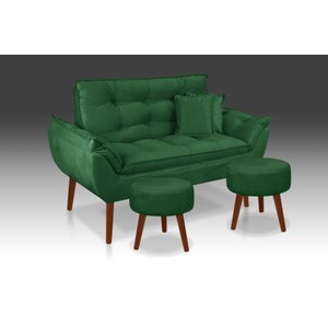 Kit 01 Namoradeira Opala +02 Puff Redondo + 02 Almofadas Suede Verde- Modena Decor