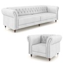 Ver imagem 2 de Conjunto Sala de Estar 1 Sofá Living 260cm e 1 Poltrona Stanford Chesterfield Pés Madeira Couro Bran