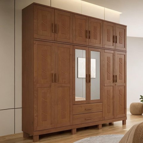 Guarda Roupa Casal com Espelho 12 Portas Aplique 2 Gavetas Madeira Maciça Lorie F06 Castanho - Lyam