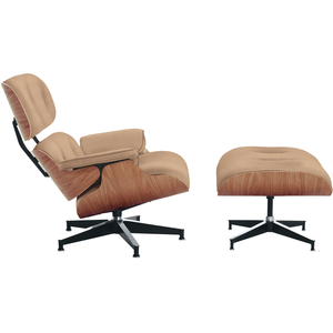 Poltrona com Puff Charles Eames Madeira Freijó Couro Natural Legitimo:areia