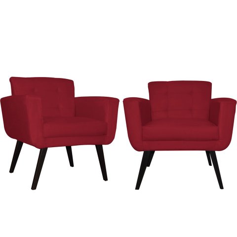 Kit 2 Poltronas Decorativa Geovana Suede Vermelho Pés Madeira Ms Decor