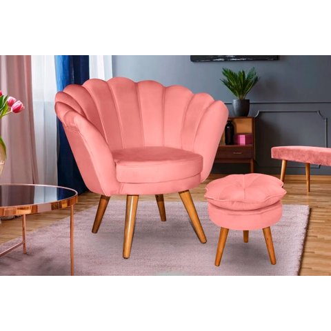 Kit Poltrona Poltrona Moderna Girassol Com Puff Veludo Rosa