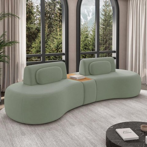 Sofá Sala de Estar Modulado França 325cm com Encosto Articulável Mesa Central e Almofadas Veludo Cin