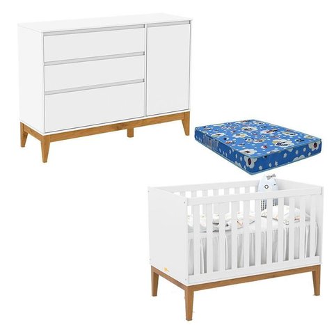 Berço Americano Unique e Cômoda com Porta Nature Clean Branco Soft Eco Wood com Colchão Ortobom – Ma