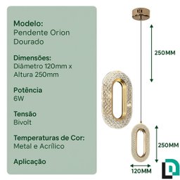 Pendente Orion Dourado Led 6w Bivolt Multitemperatura 3000k 4000k 6500k Metal e Acrílico Design Mode - 8