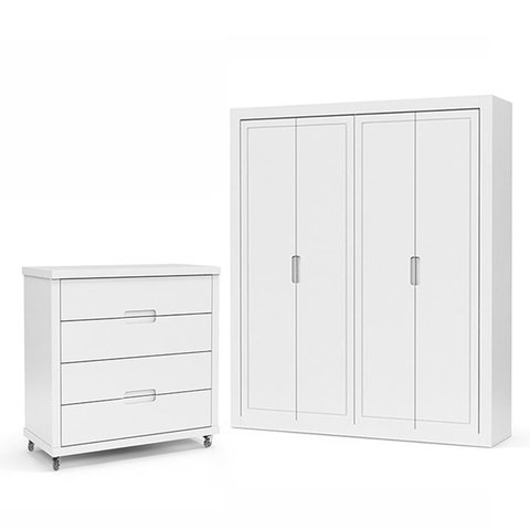 Jogo de Quarto Infantil com Guarda Roupa 4 Portas e Cômoda 4 Gavetas Tutto New Branco Soft - Matic M