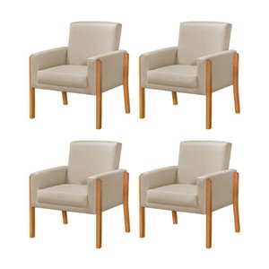 Kit 4 Poltronas Sala de Espera Pés em Madeira Santorini Linho Capuccino