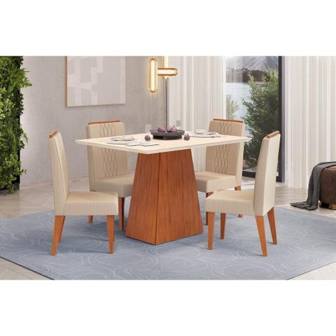 Conjunto: Mesa Sala Jantar Dulce C/ Tampo Madeirado C/ Vidro Reto 120x90cm e 4 Cadeiras Lia Freijo/