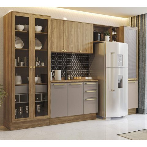 Armário de Cozinha Modulada Completa Reta 6 Peças 3,30m 235 Botanic Kappesberg - Nogueira/Fendi