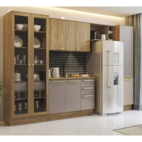 Armário de Cozinha Modulada Completa Reta 6 Peças 3,30m 235 Botanic Kappesberg - Nogueira/fendi