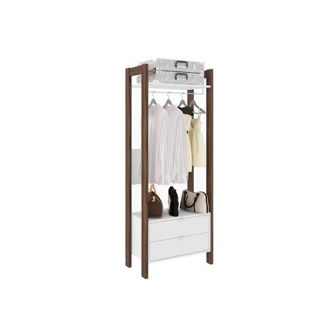 Guarda Roupa Closet Solteiro AZ1011 Armário Alto c/ 1 Prateleira e 2 Gavetas Branco/Nogal - Tecno Mo