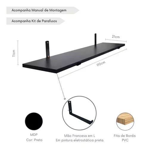 Kit 3 Prateleiras Industriais de Parede 90x20cm com Mão Francesa Preto - 2