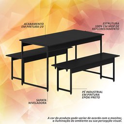Conjunto Mesa com 2 Bancos Estilo Industrial Lugano Preto Fosco - M.a Preto Fosco - 4