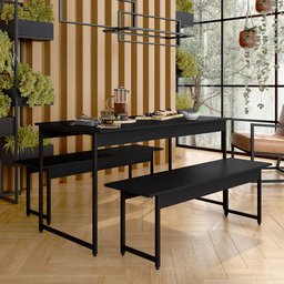 Conjunto Mesa com 2 Bancos Estilo Industrial Lugano Preto Fosco - M.a Preto Fosco - 2