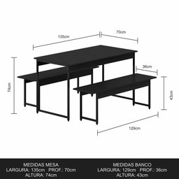 Conjunto Mesa com 2 Bancos Estilo Industrial Lugano Preto Fosco - M.a Preto Fosco - 5