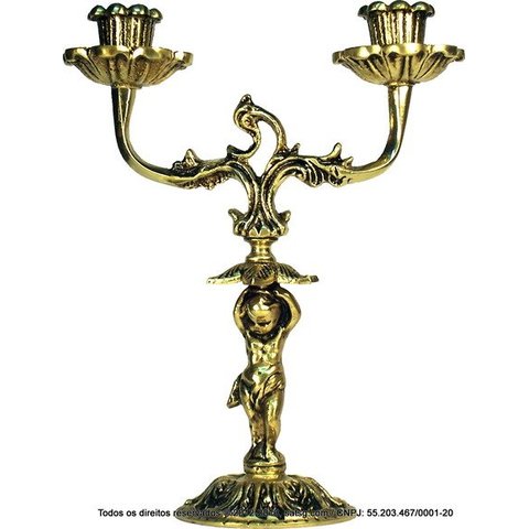 Castiçal Querubim Duplo Artesanal Em Latão SAT Querubim Dourado