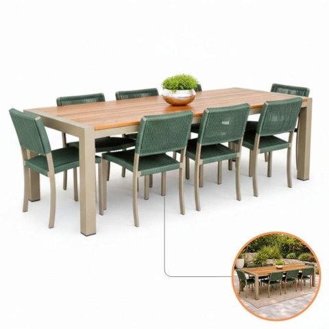 Conjunto para Jantar Majestic 8 Cadeiras Mesa Alumínio e Madeira Maciça Verde Nossa Kasa