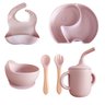 Conjunto Introdução Alimentar para Bebê de Silicone 6 Peças Prato Talheres Copo Bowl e Babador:rosa - 1