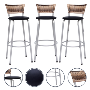 Kit 3 Banquetas Alta Prata Encosto Junco Balcão Bancada Bistrô Ilhas Gourmet Bares - Preto
