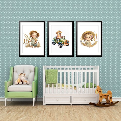 Kit 3 Quadros Grandes Quarto Infantil Crianças 60x48cm:moldura Branca