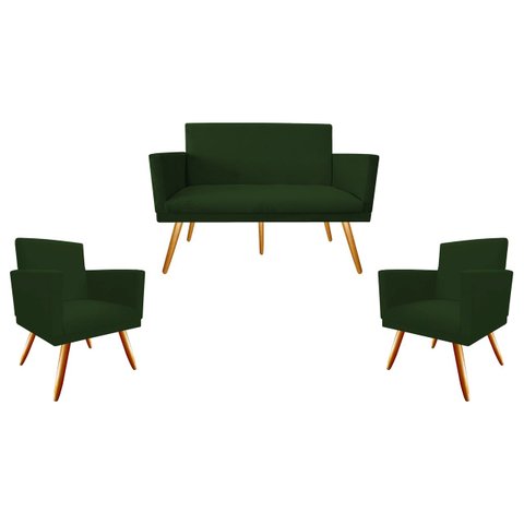 Kit Namoradeira + 2 Poltronas Decorativa Nina Suede Verde Pés Madeira Mz Decor
