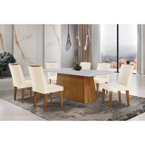 Conjunto: Mesa Sala Jantar Luna C/ Tampo de Vidro Canto Curvo 180x90cm e 6 Cadeiras Jade Imbuia/off