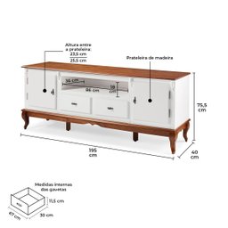 Rack para Sala com Pés Luis Xv 2 Gavetas 2 Portas de Madeira e Nicho 60503m - Branco/imbuia Glazer - 5