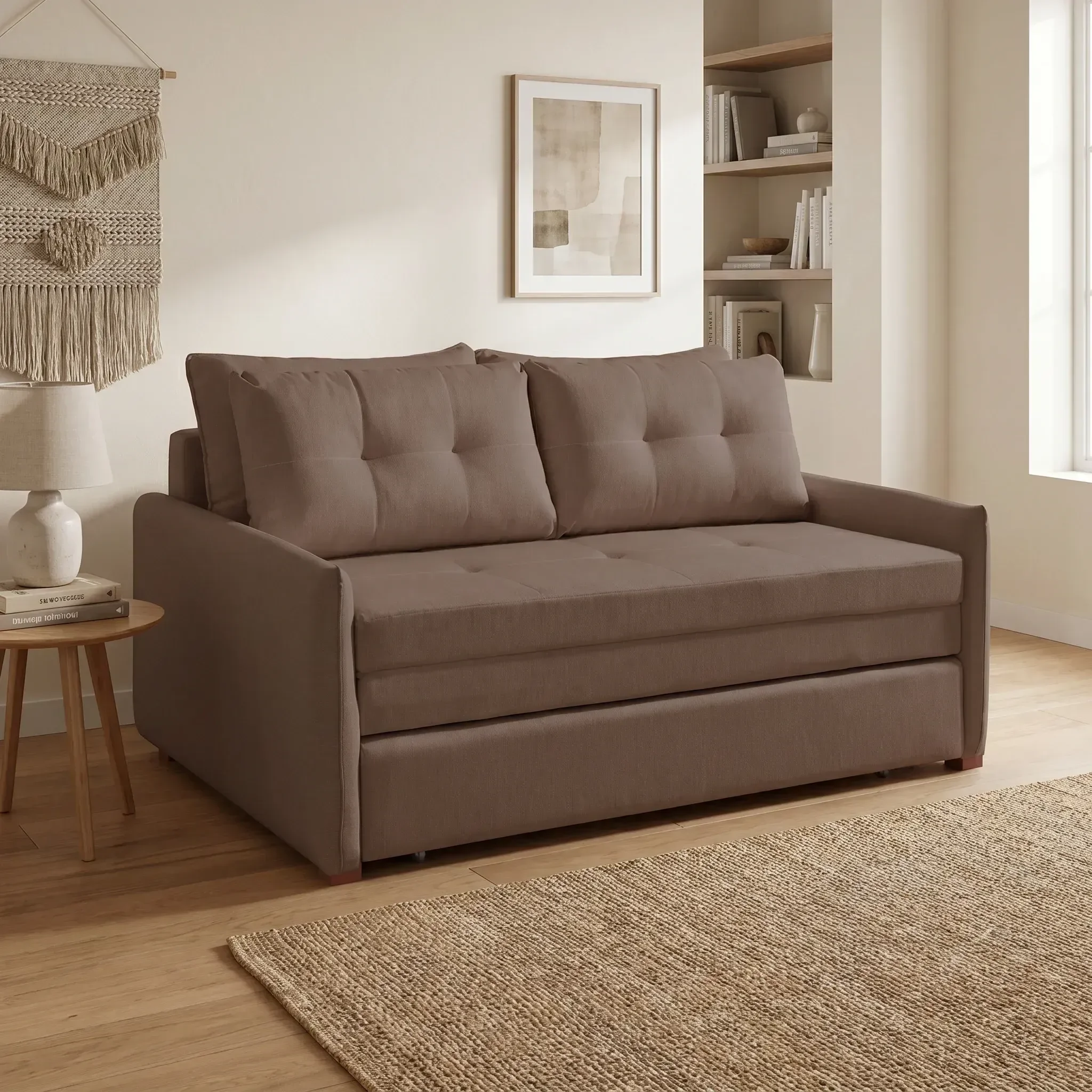 Ver imagem 2 de Sofá Cama Casal Montreal com Colchão Fixo em Linho Marrom Escuro