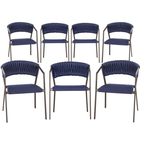 7 Cadeiras Atenas Tricô Náutico e Alumínio Proteção Uv Azul
