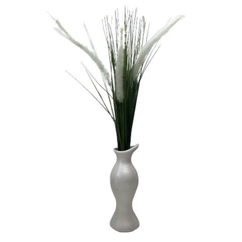 Vaso branco perolado alto de cerâmica trabalhado moderno