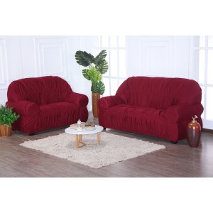 Kit Capa de Sofá 2 e 3 Lugares Paris Modelo Retrô Elasticada Malha Gel Lisa:marsala