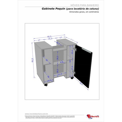 Gabinete para Banheiro Pequin 6 Nichos 4 Rodas MDP Brilho UV:Branco
