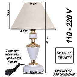 Abajur Clássico Trinit Quarto Sala Luminária Decoração - Cor Branco Cúpula Bege - 2